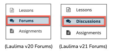 Screenshot of Forums tool renamed as Discussions tool in Laulima v21