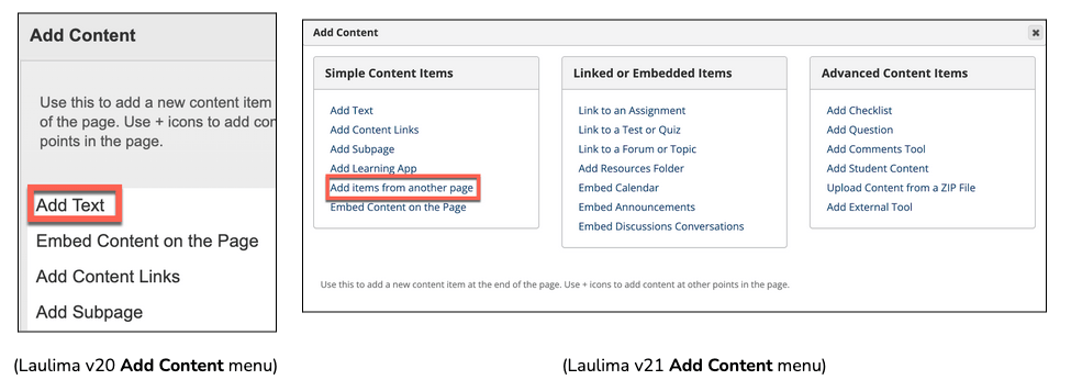 Screenshot of v20 Add content menu and v21 Add content menu in Laulima