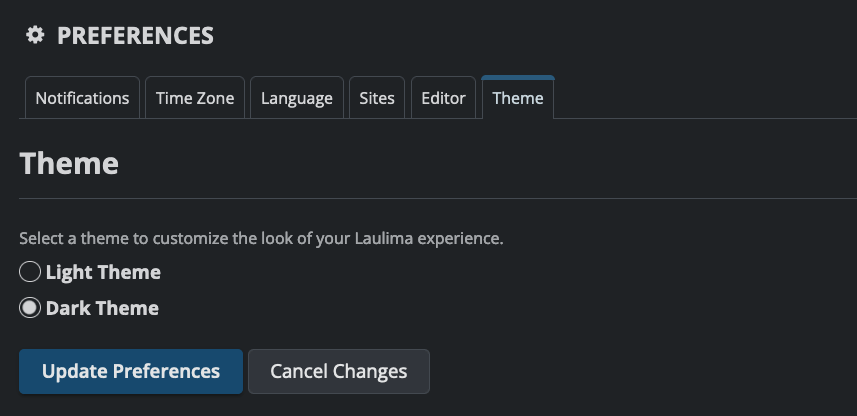 Screenshot of the Preferences Theme menu in Dark theme mode