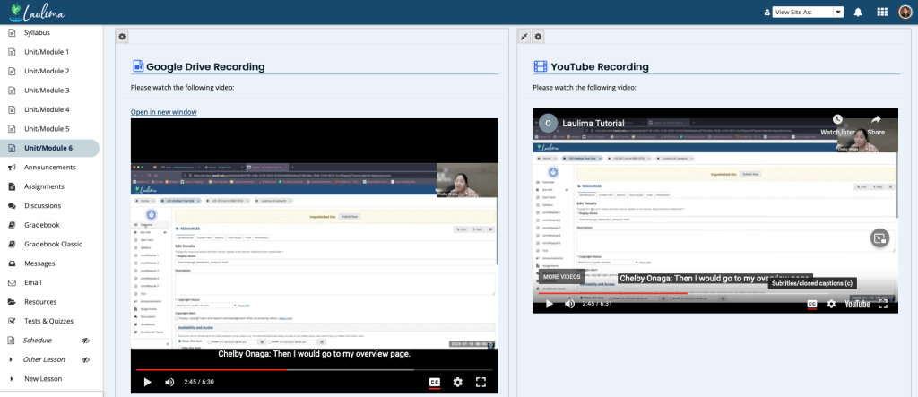 Screenshot of a Google Drive video and a YouTube video embedded in the Laulima Lessons tool.